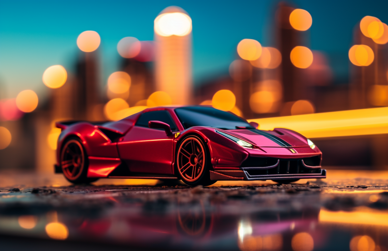 Toy Ferrari in Futuristic Cityscape