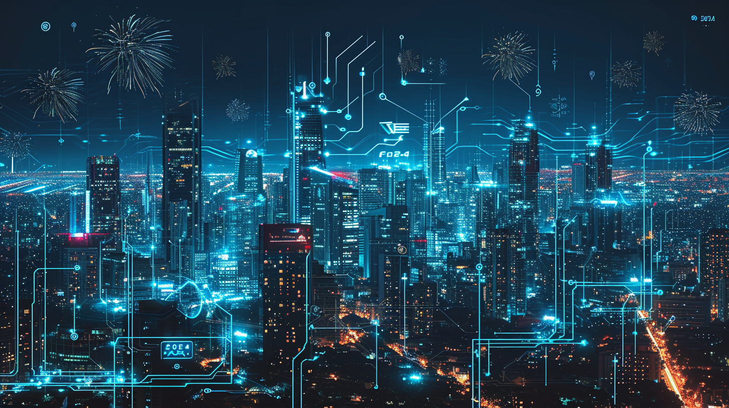 Silhouette of Cityscape with Circuit Board Integration