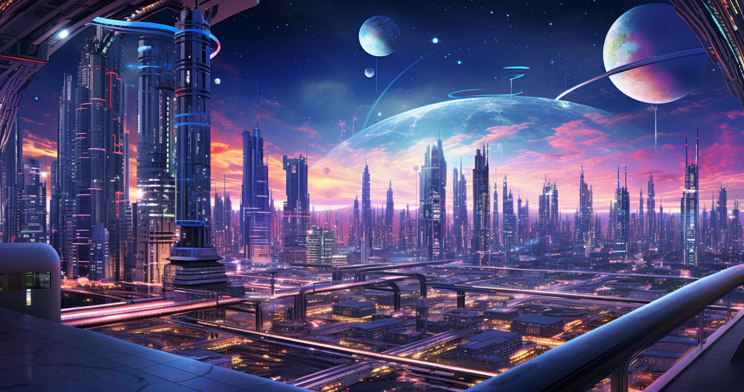 Futuristic cityscape with skyscrapers and flying vehicles