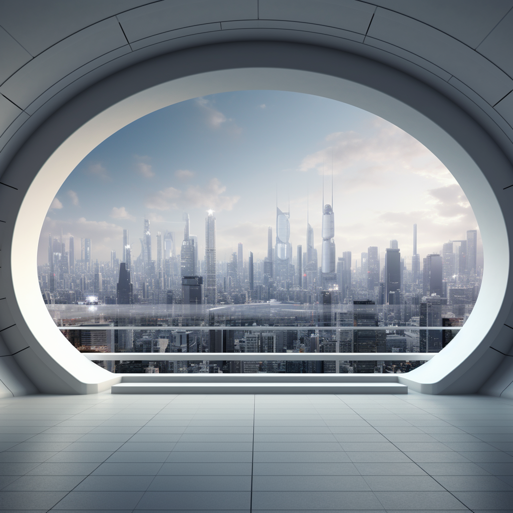 Futuristic cityscape view from white building