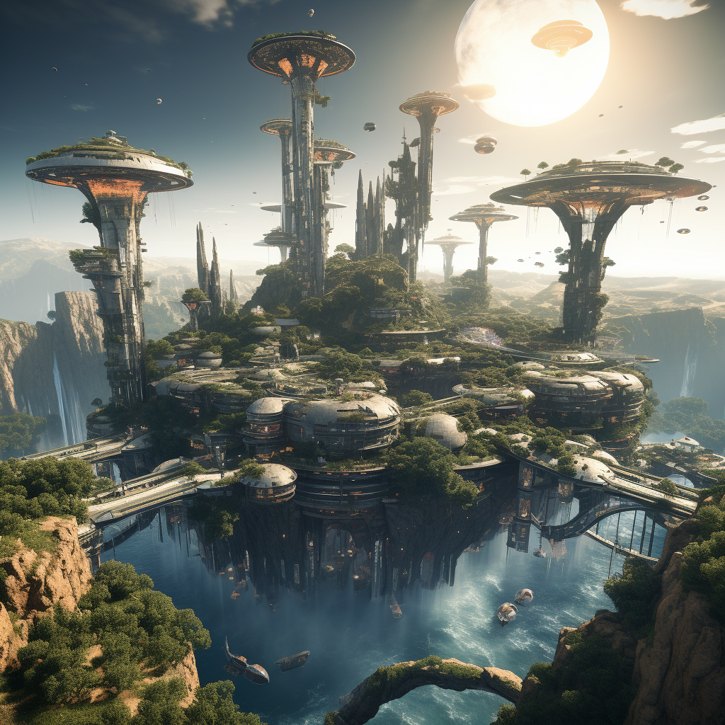 Futuristic combat city on floating island