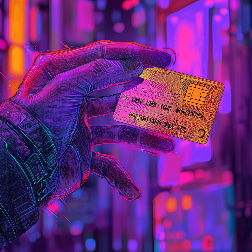 Hand holding futuristic credit card with note - purple vivid