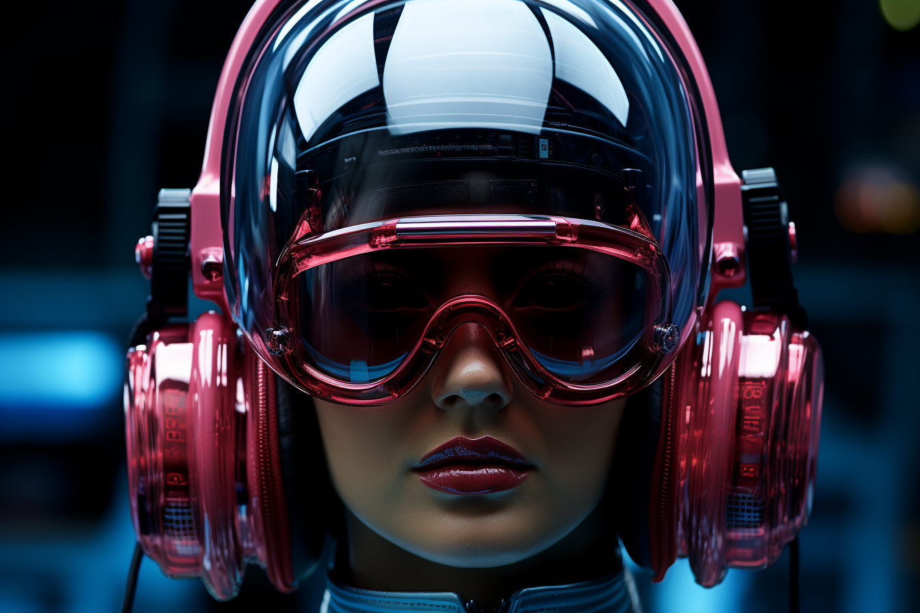 Futuristic woman with Darth Vader helmet and neon goggles