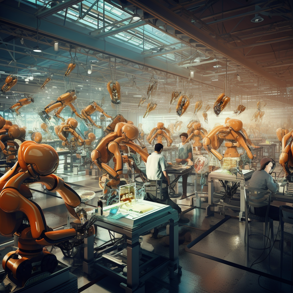 Robots assembling humans in futuristic factory