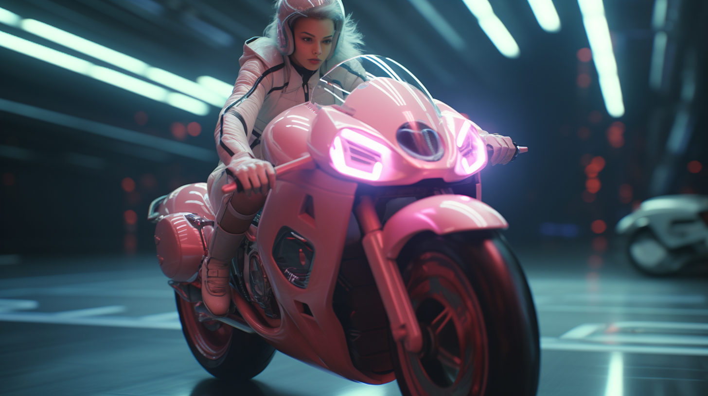 Female character riding a futuristic motorbike