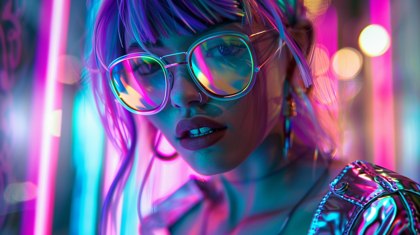 Girl in futuristic holographic fashion outfit