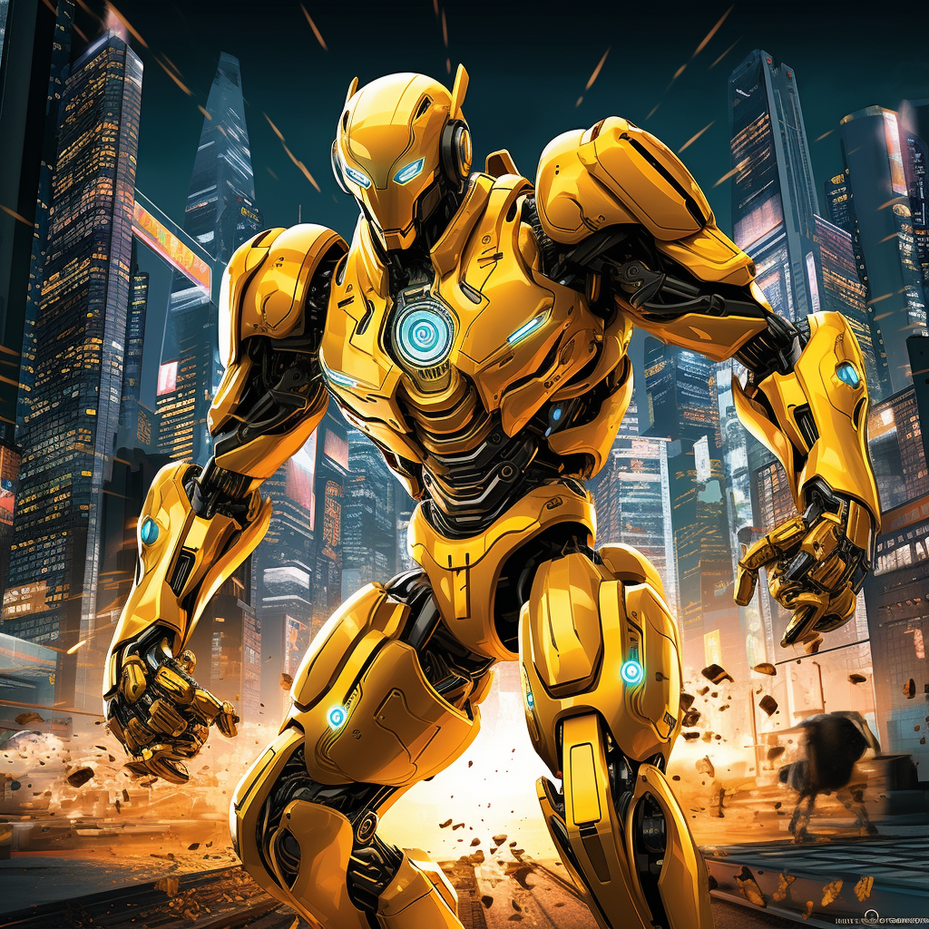 Yellow Robot in Futuristic Battle Scene