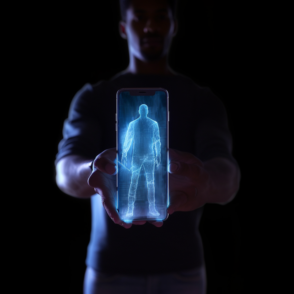 Translucent hologram of a man on a smartphone