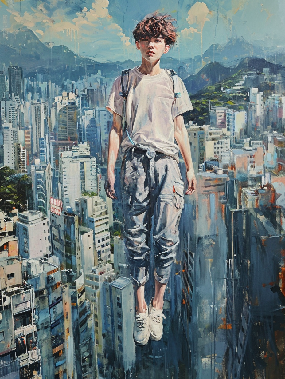 Young man soaring above futuristic city