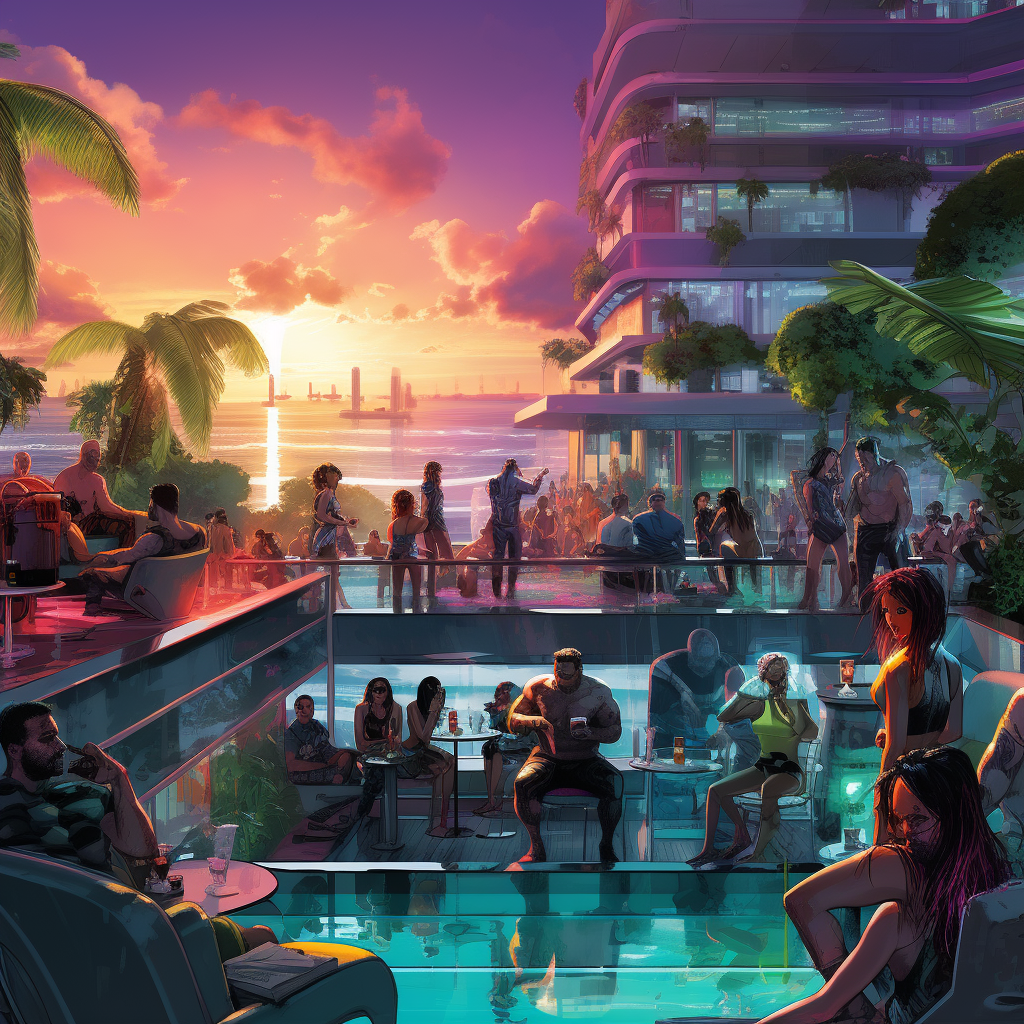 People enjoying Miami rooftop bar with pool