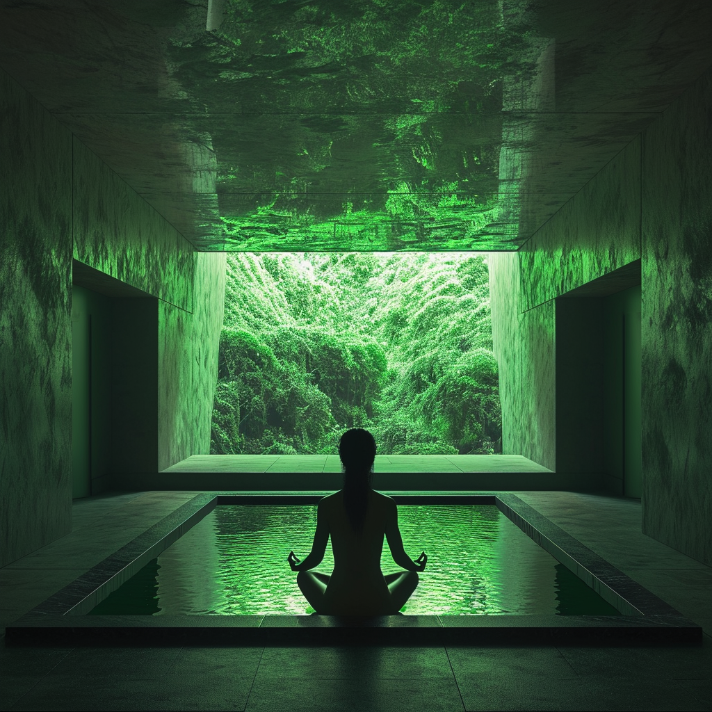 Woman meditating in a green lit room