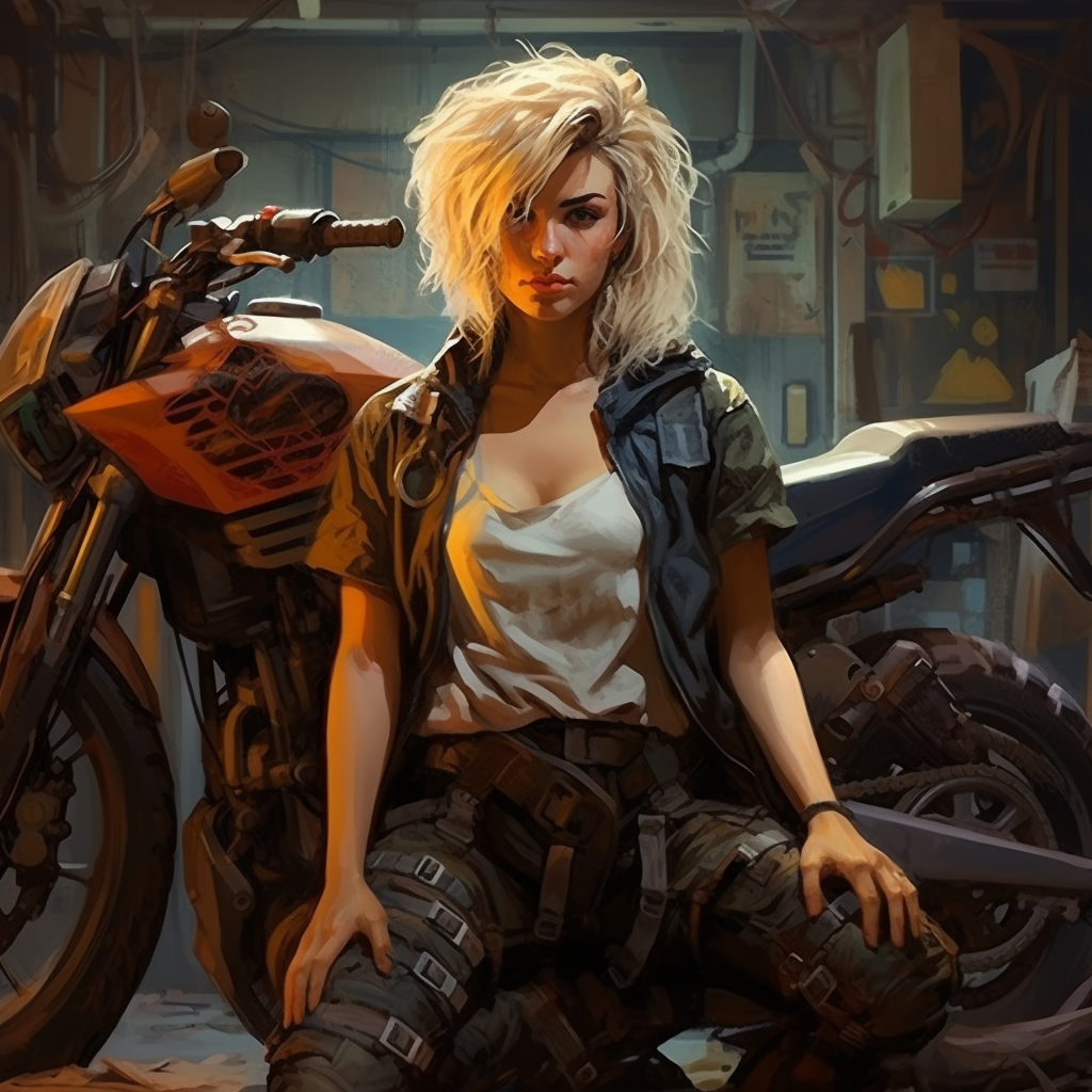 Illustration of a skilled mechanic fixing a futuristic motorbike