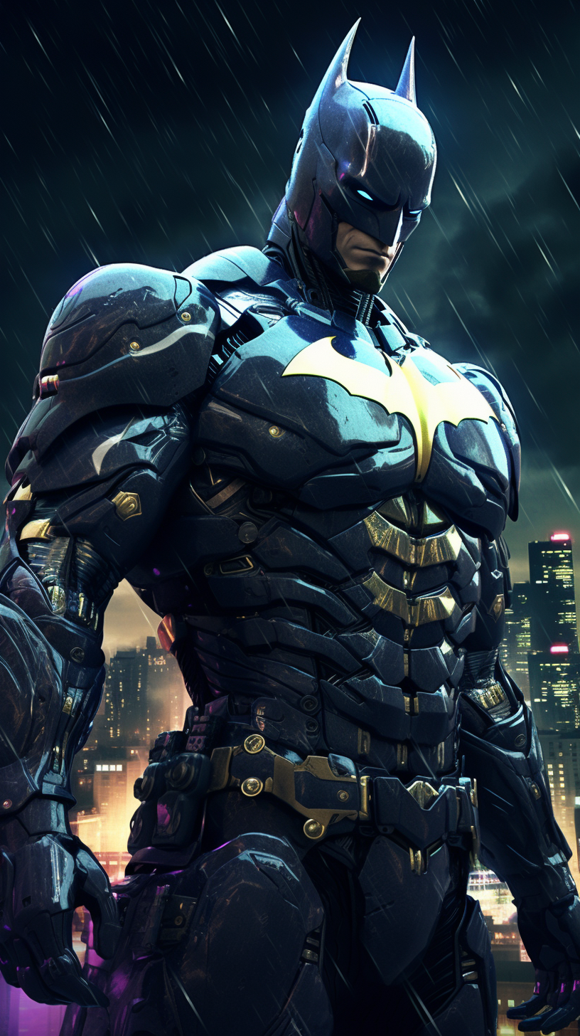 Armored Batman in Futuristic Gotham Cityscape