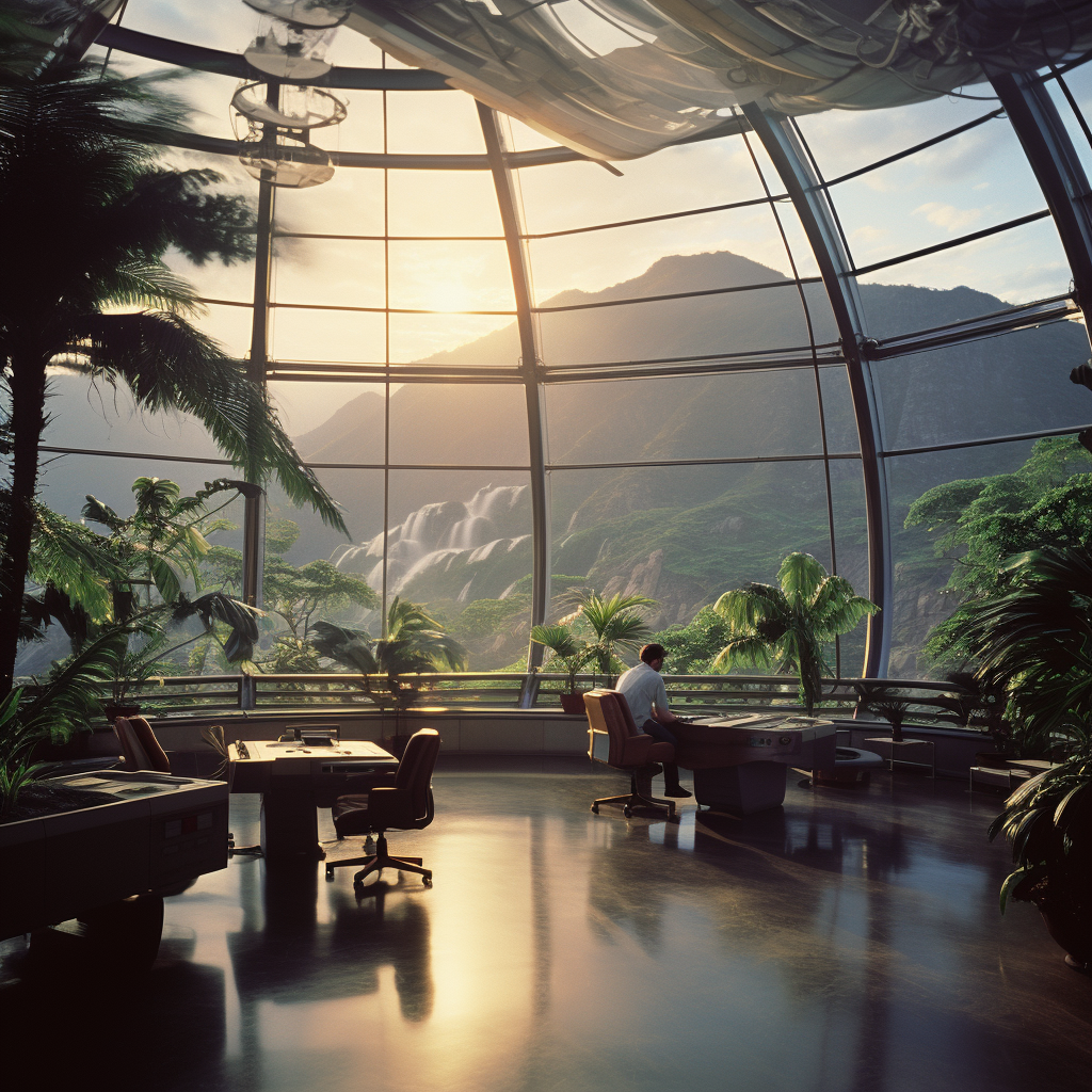 Futuristic office with Jurassic Park in background