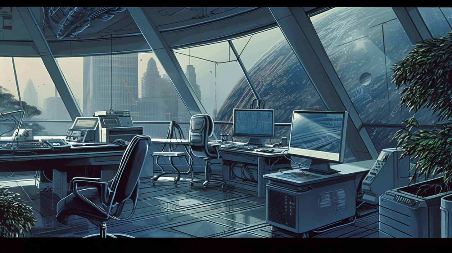 Futuristic office with spacescape backdrop