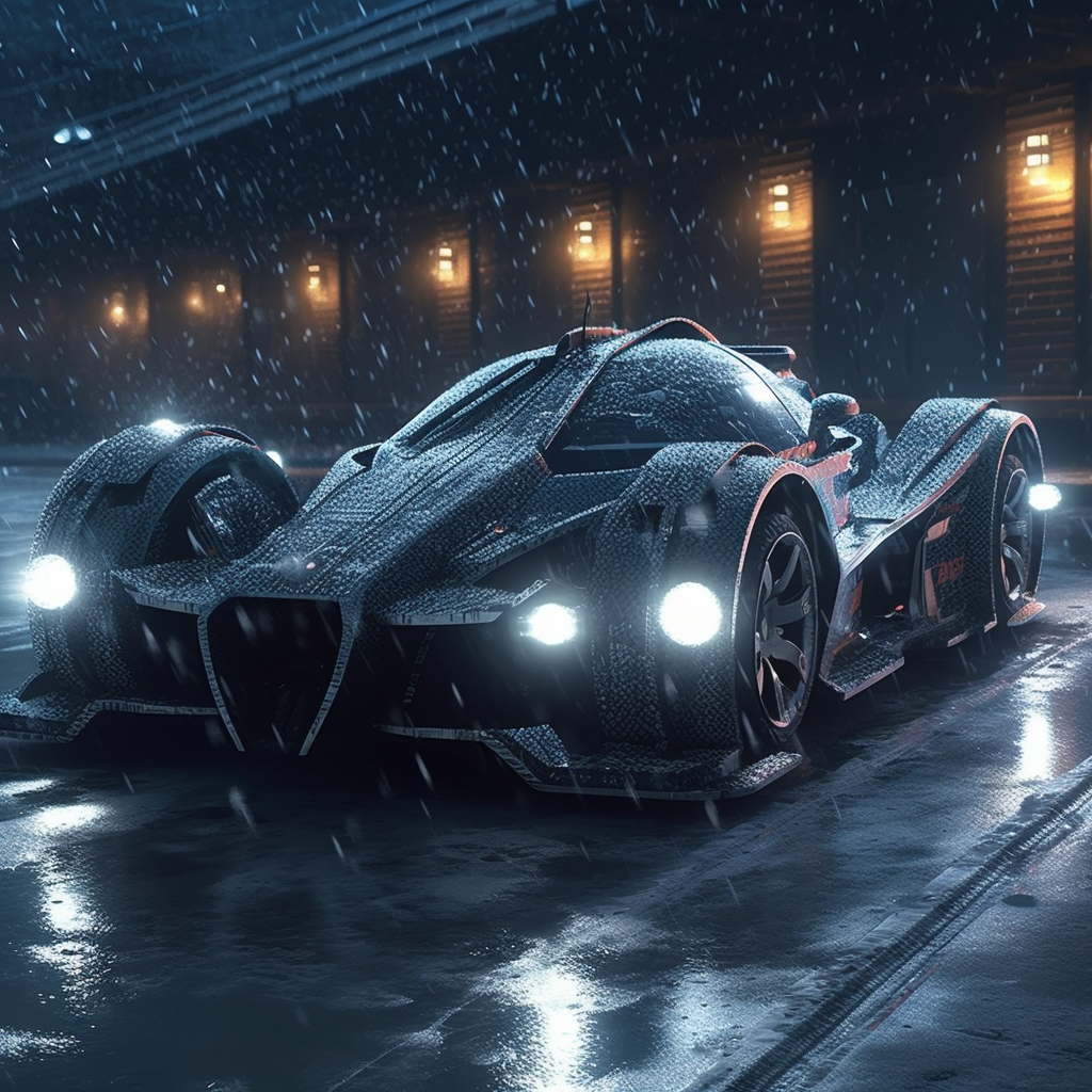 Metallic gray futuristic race car in snowstorm