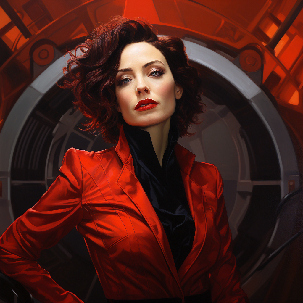 Stylish woman in futuristic red and black suit