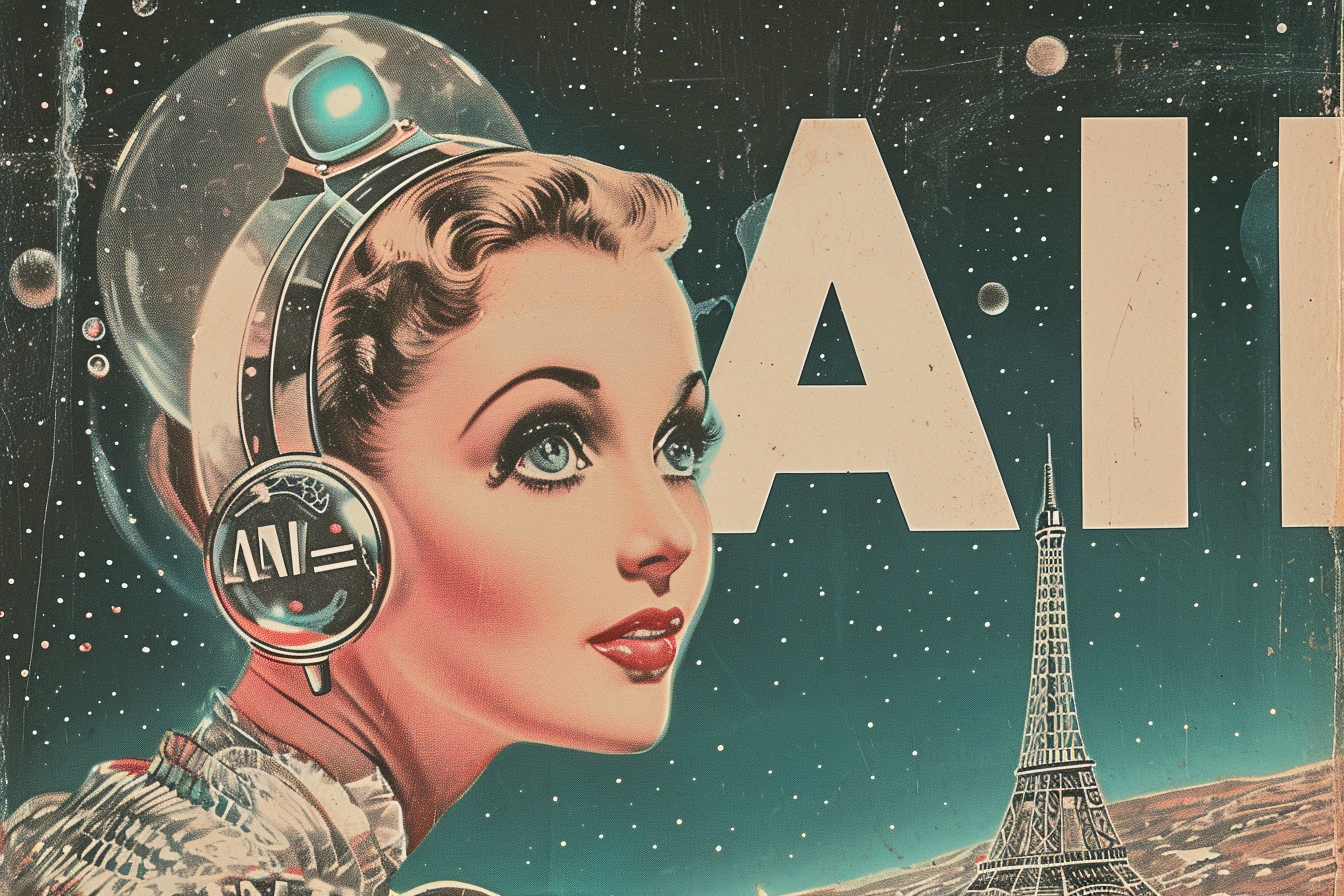 Futuristic robot with Eiffel Tower earrings in lunar landscape