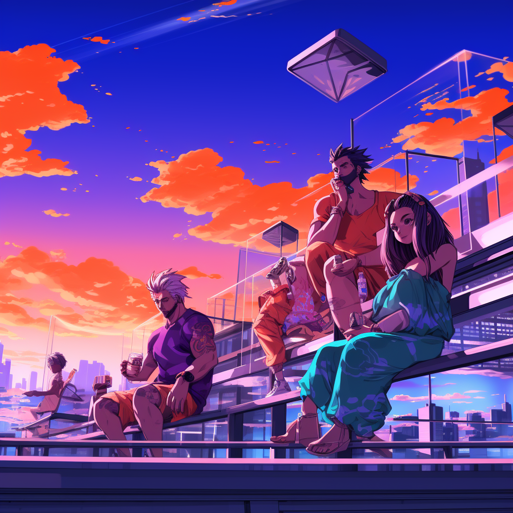 Dragonball Z inspired futuristic rooftop pool hangout