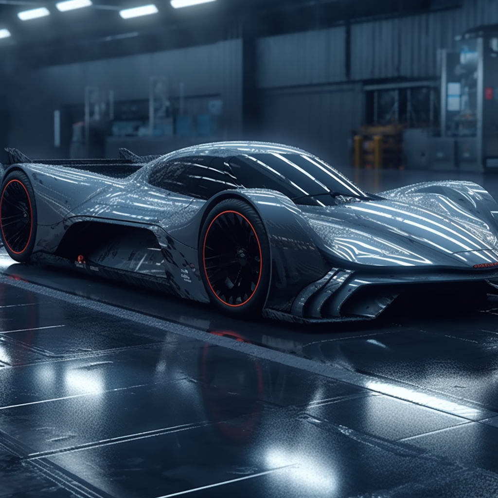 Futuristic super race car on wet race track