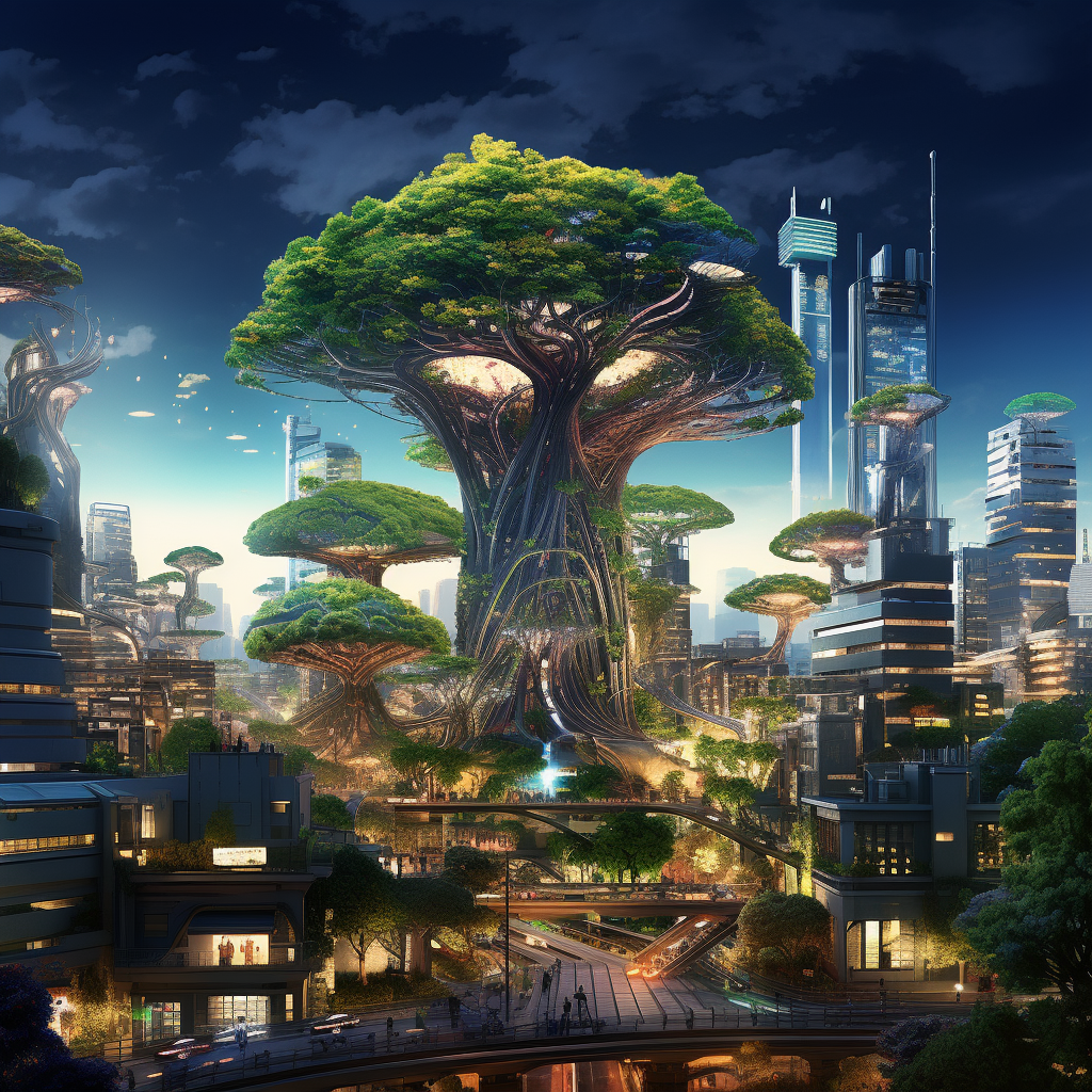 Techno-megacity with ancient tree roots and chaga mushrooms