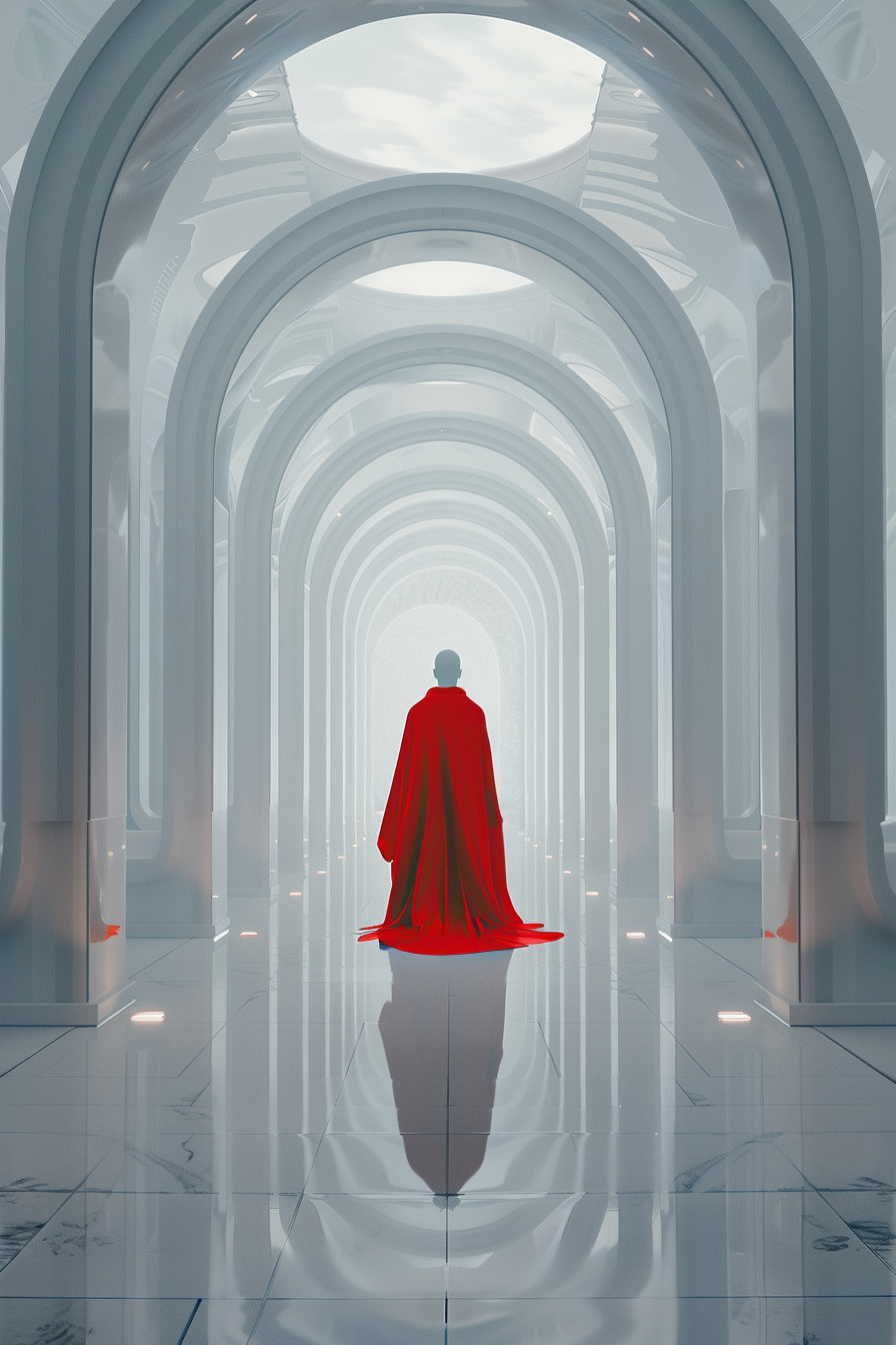 Solitary Figure in Flowing Red Robe Corridor Scene