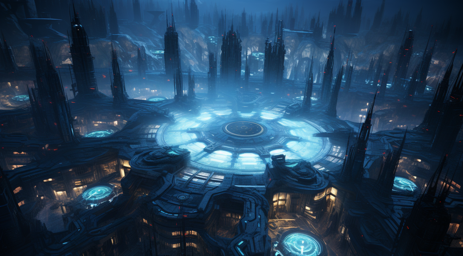 Top-down view of futuristic city at twilight