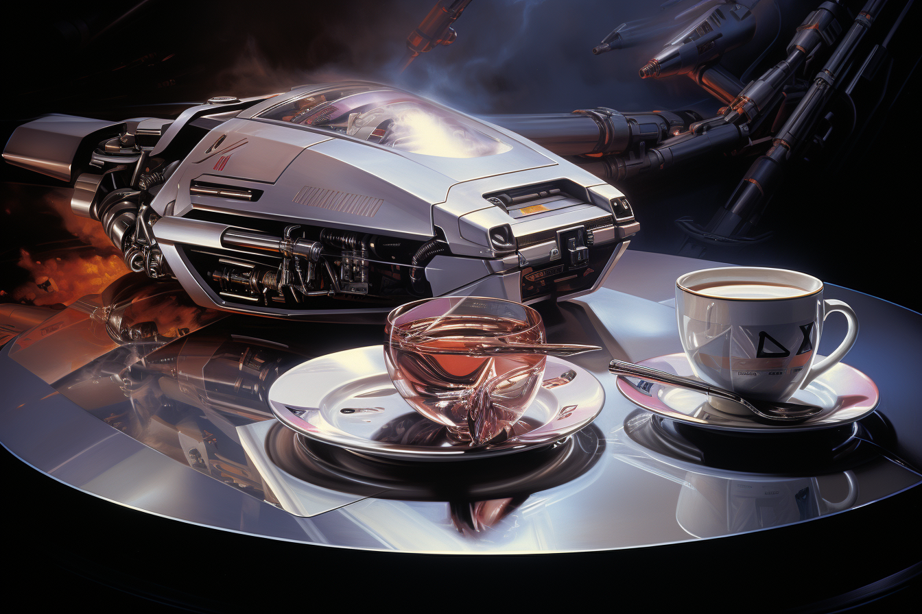 Futuristic weapon and ashtray on table