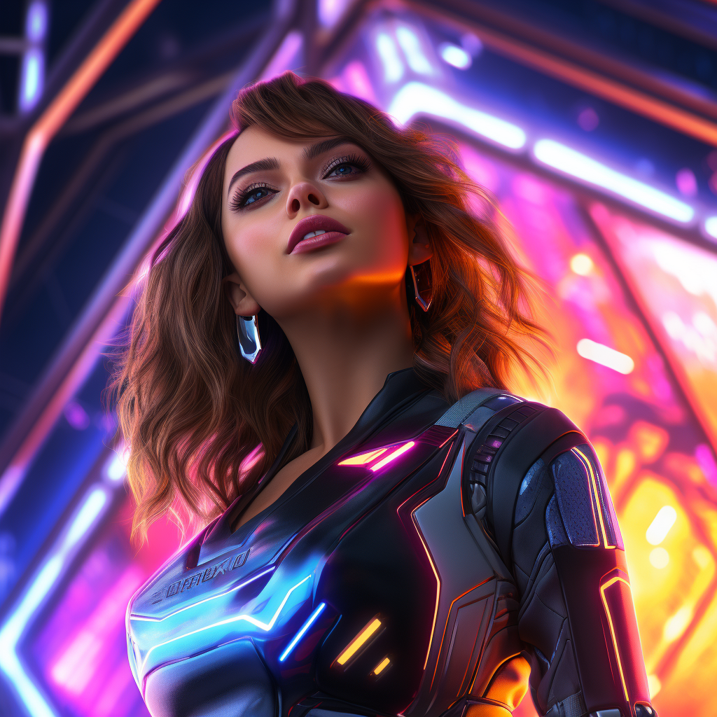 Futuristic woman in dynamic neon-lit environment