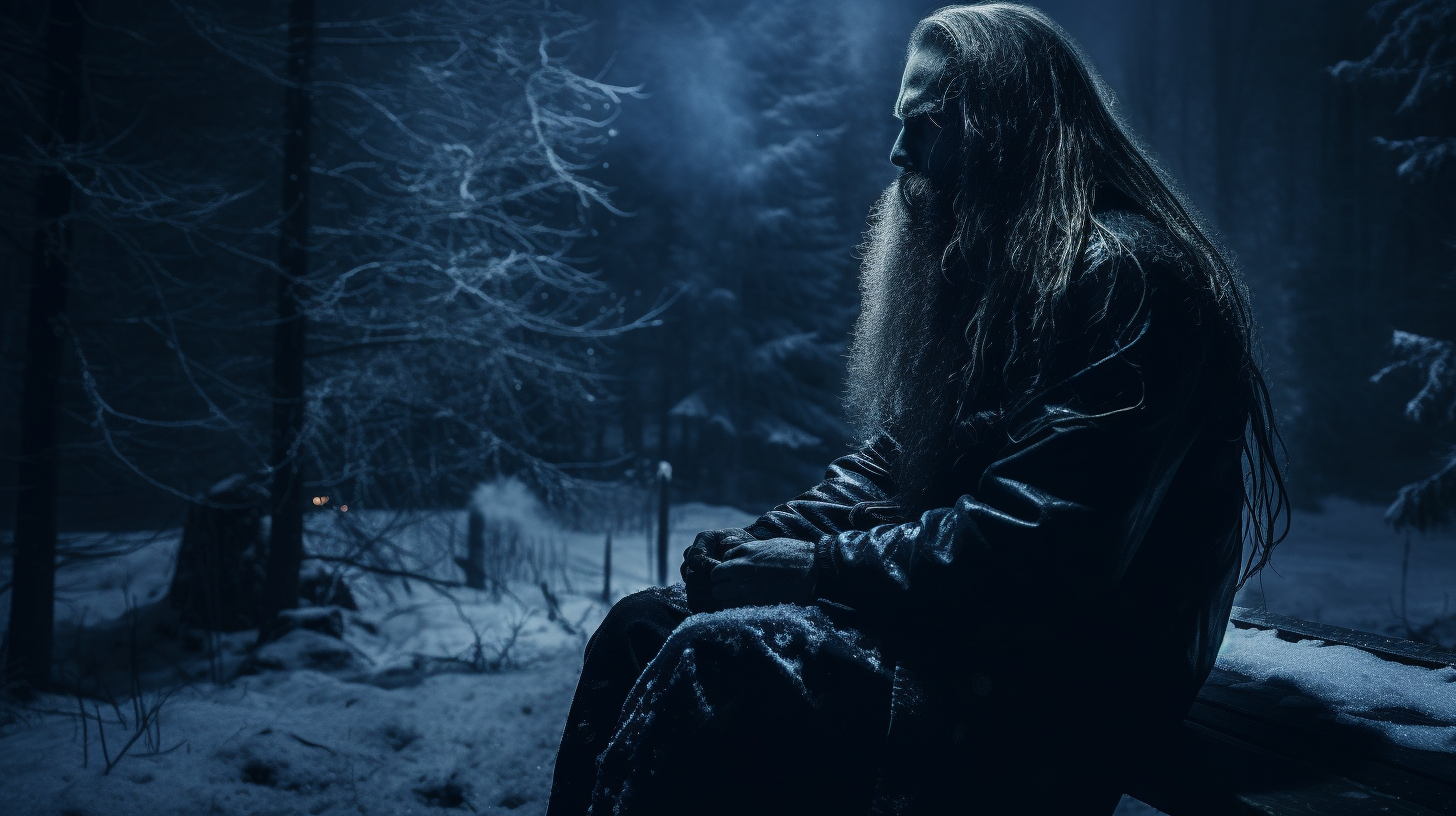 Gaahl sitting on a bench, smoking and observing the universe