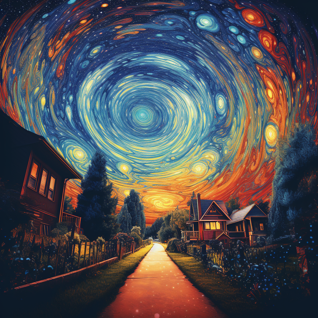 Psychedelic view of galaxy from suburban street