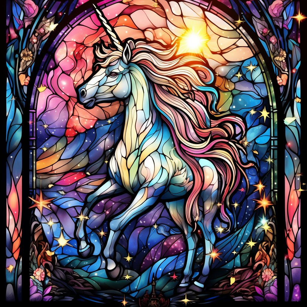 Colorful unicorn in galaxy stained glass