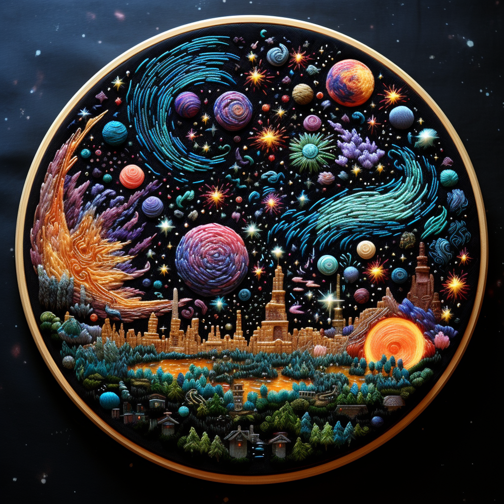 Beautiful embroidered galaxy scene artwork