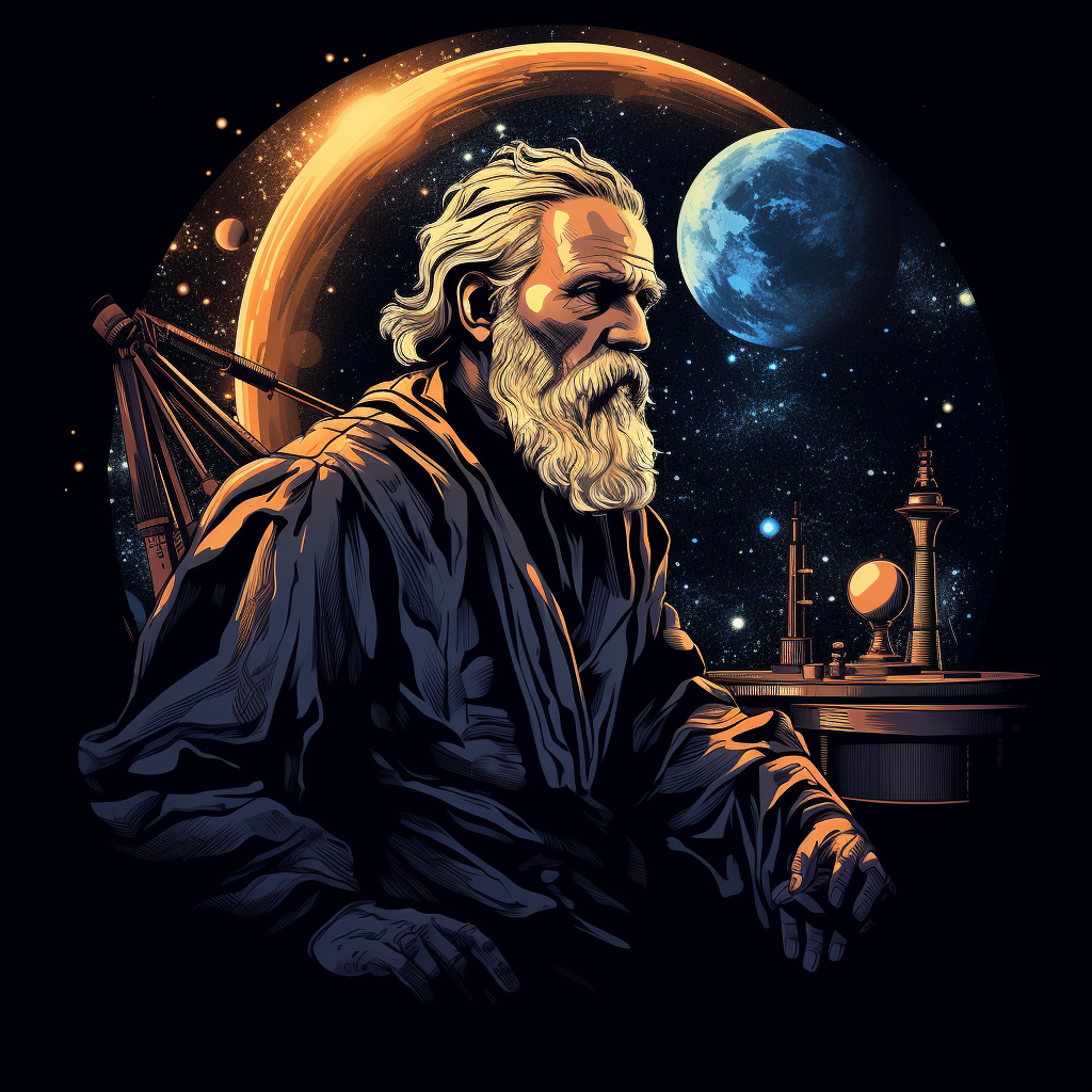 Galileo Galilei observing Jupiter's moons through his telescope