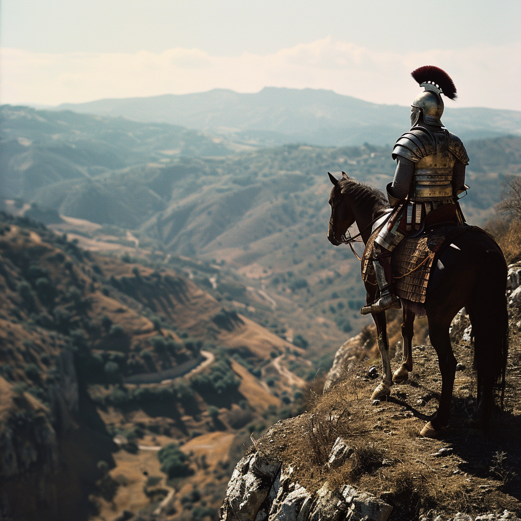 Roman Fighter on Horse overlooking Valley