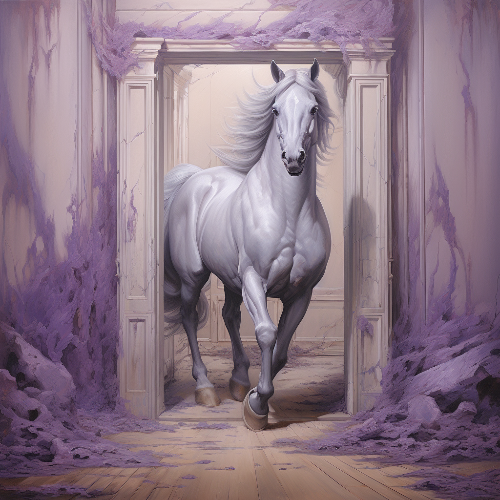 Horse galloping through a violet door