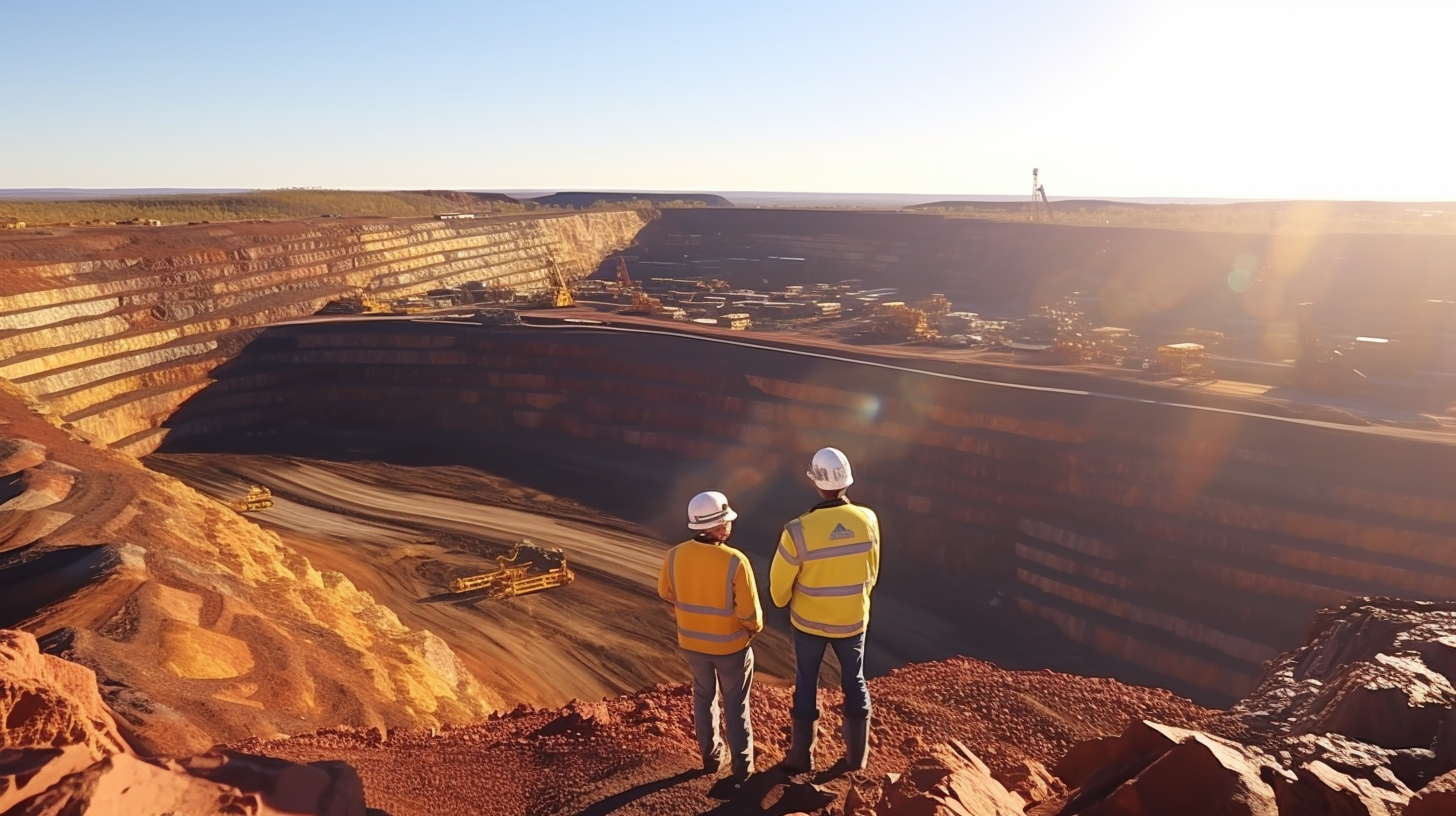 People pointing at yellow mining dump trucks