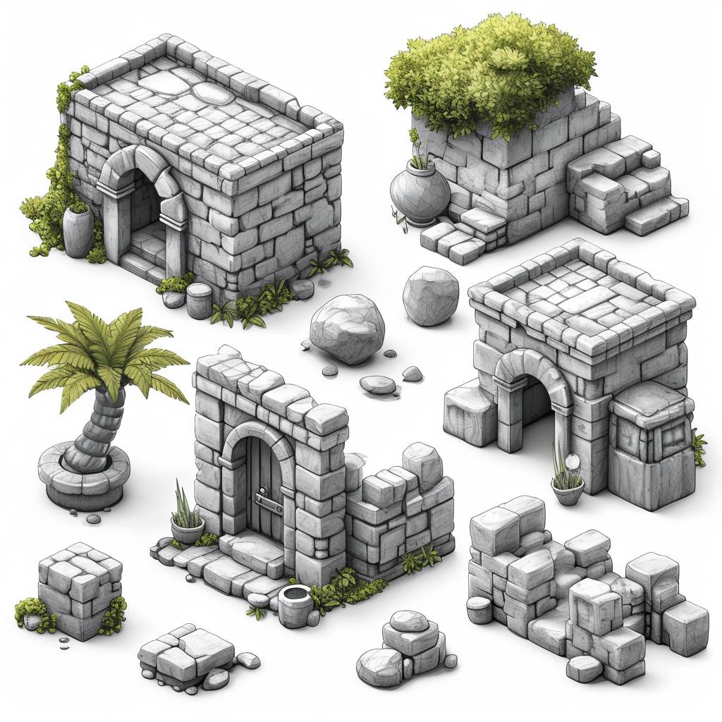 Game building line icons roof, wall, door, window assets