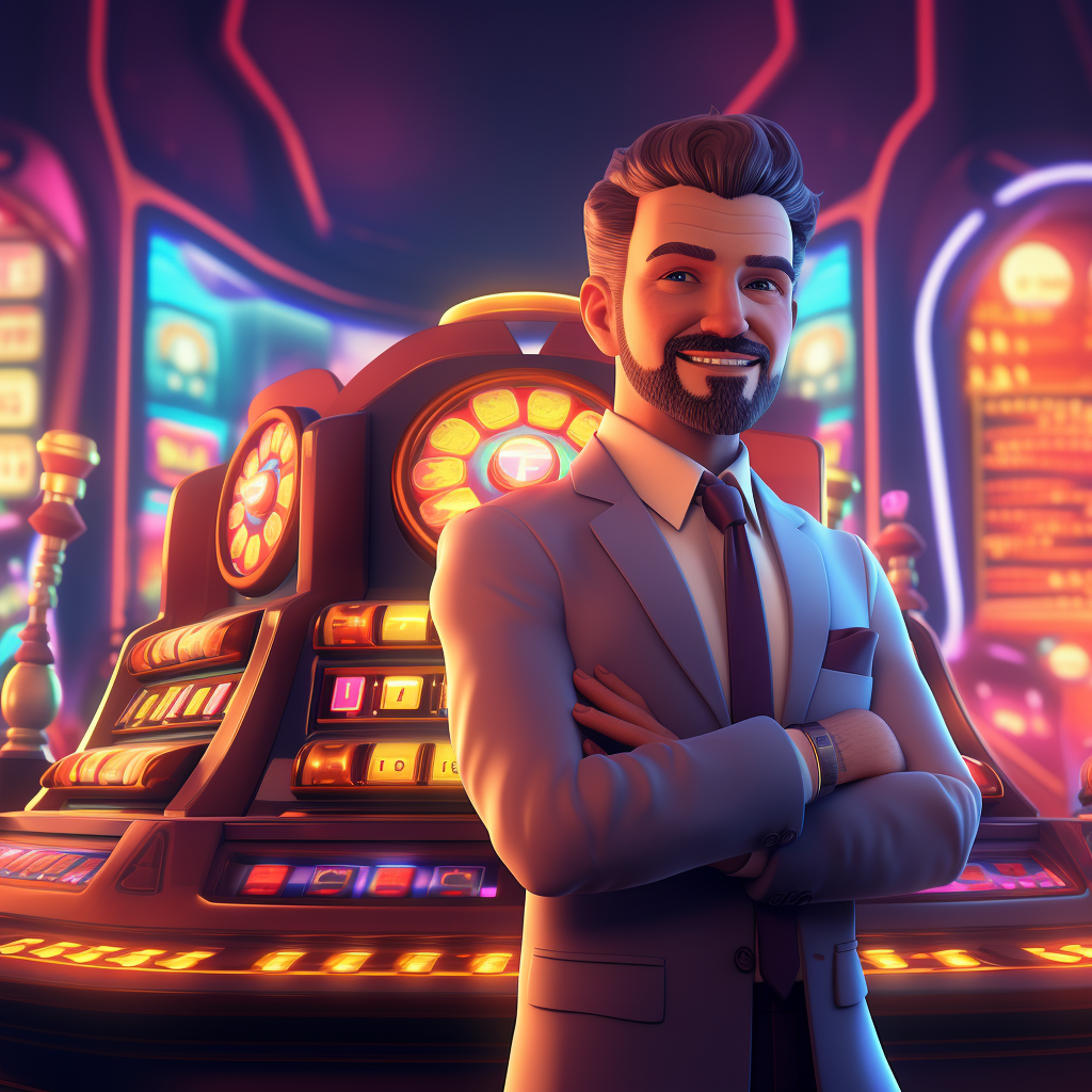 A 3D game character holding a gif on a slot casino background.