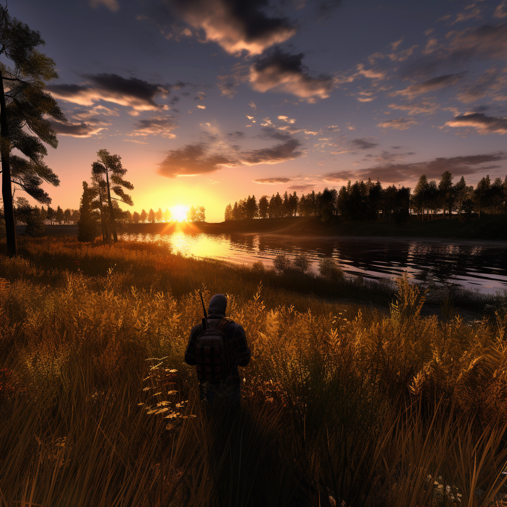 Beautiful sunset near lake in Dayz game