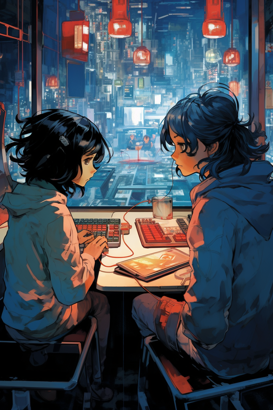 Illustration of girls in a futuristic game room