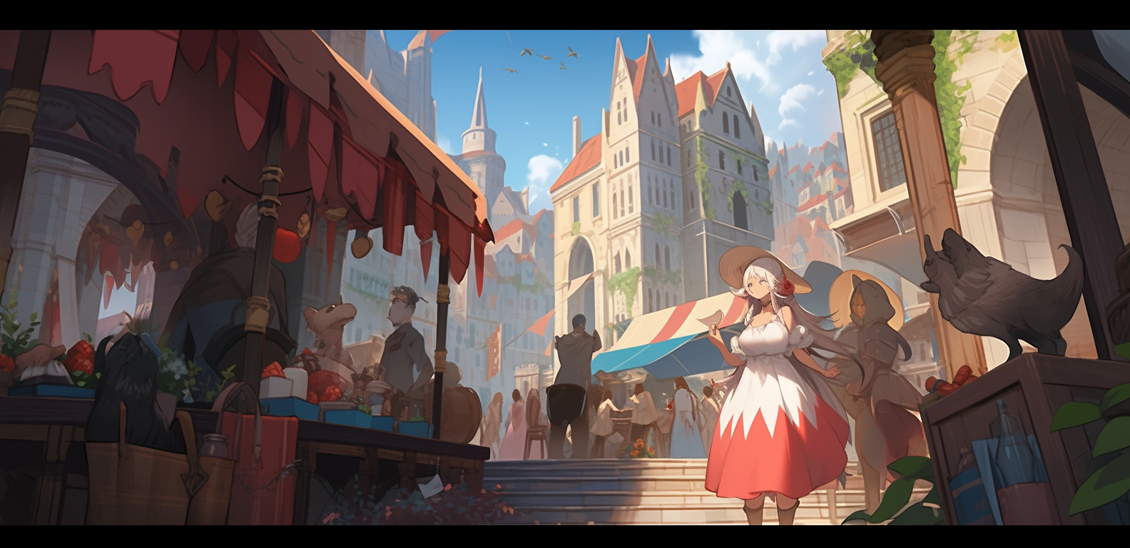 Renaissance-inspired game artwork in street scene