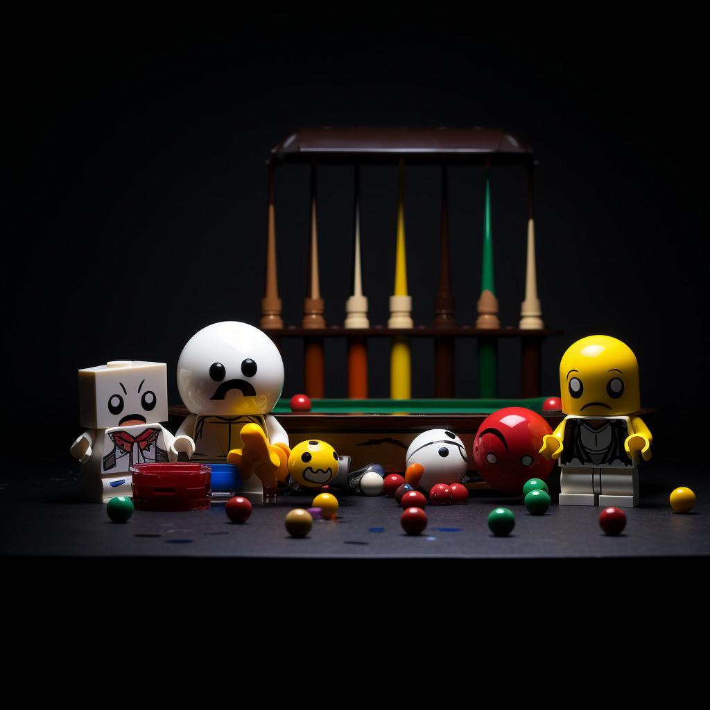 Game characters playing billiards on black background