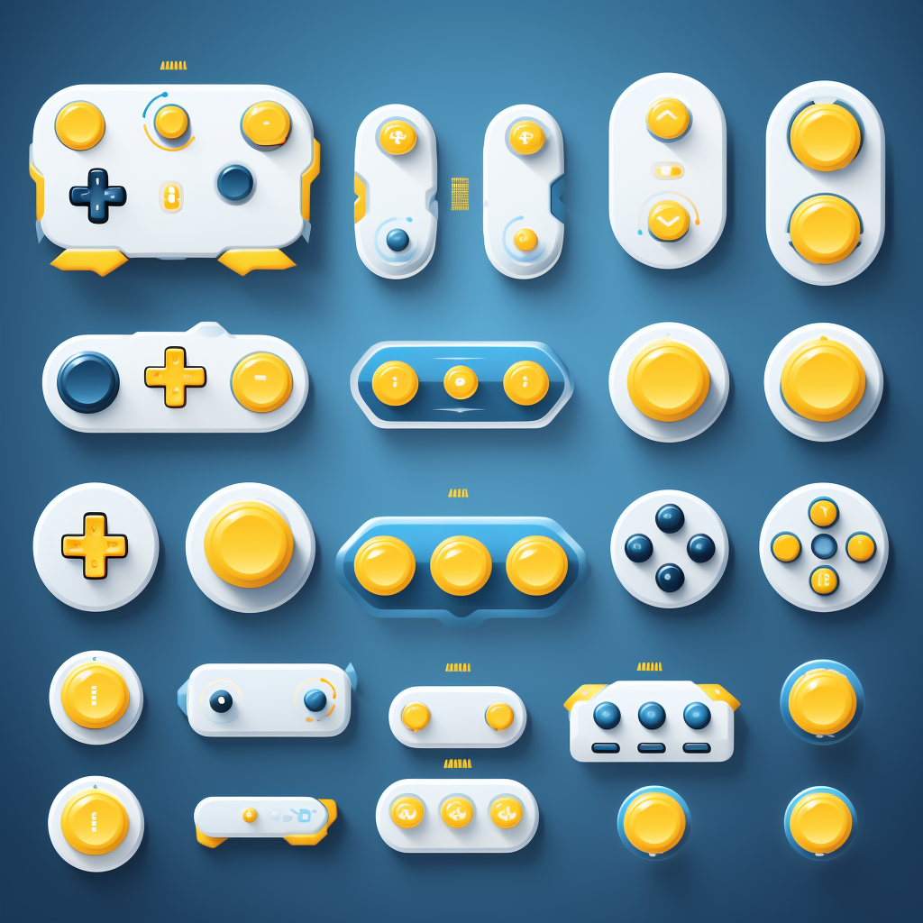 Game UI buttons in white, blue, and yellow