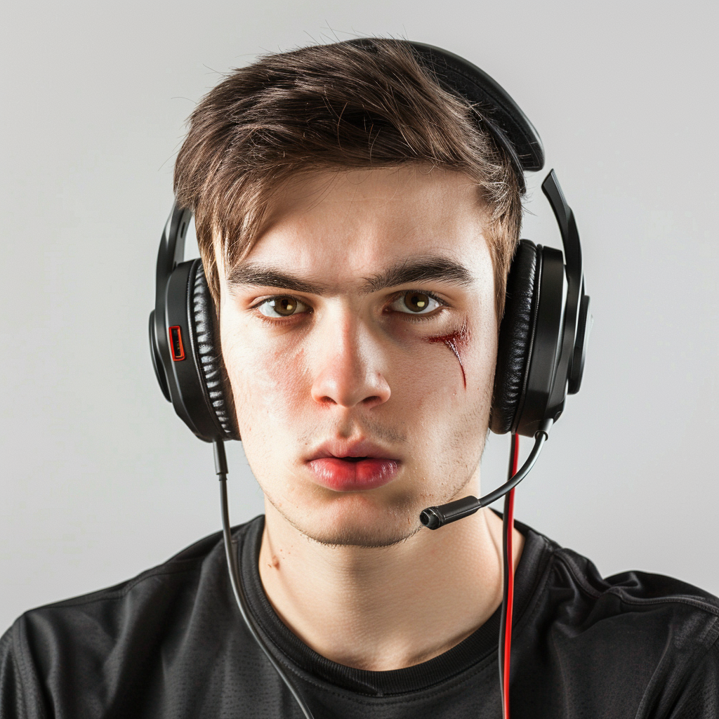 Gamer dude headphones injury white background