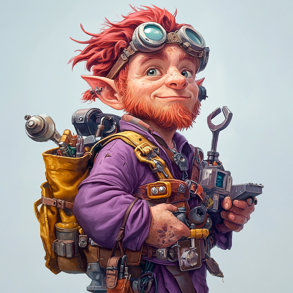 gamer gnome with red crest, purple tunic, tools bag