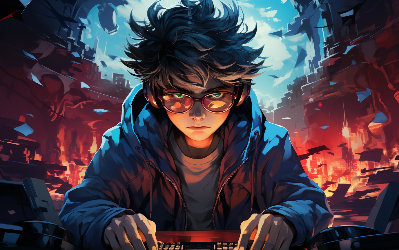 Gamer Teenager with Bad Face and Red Eyes