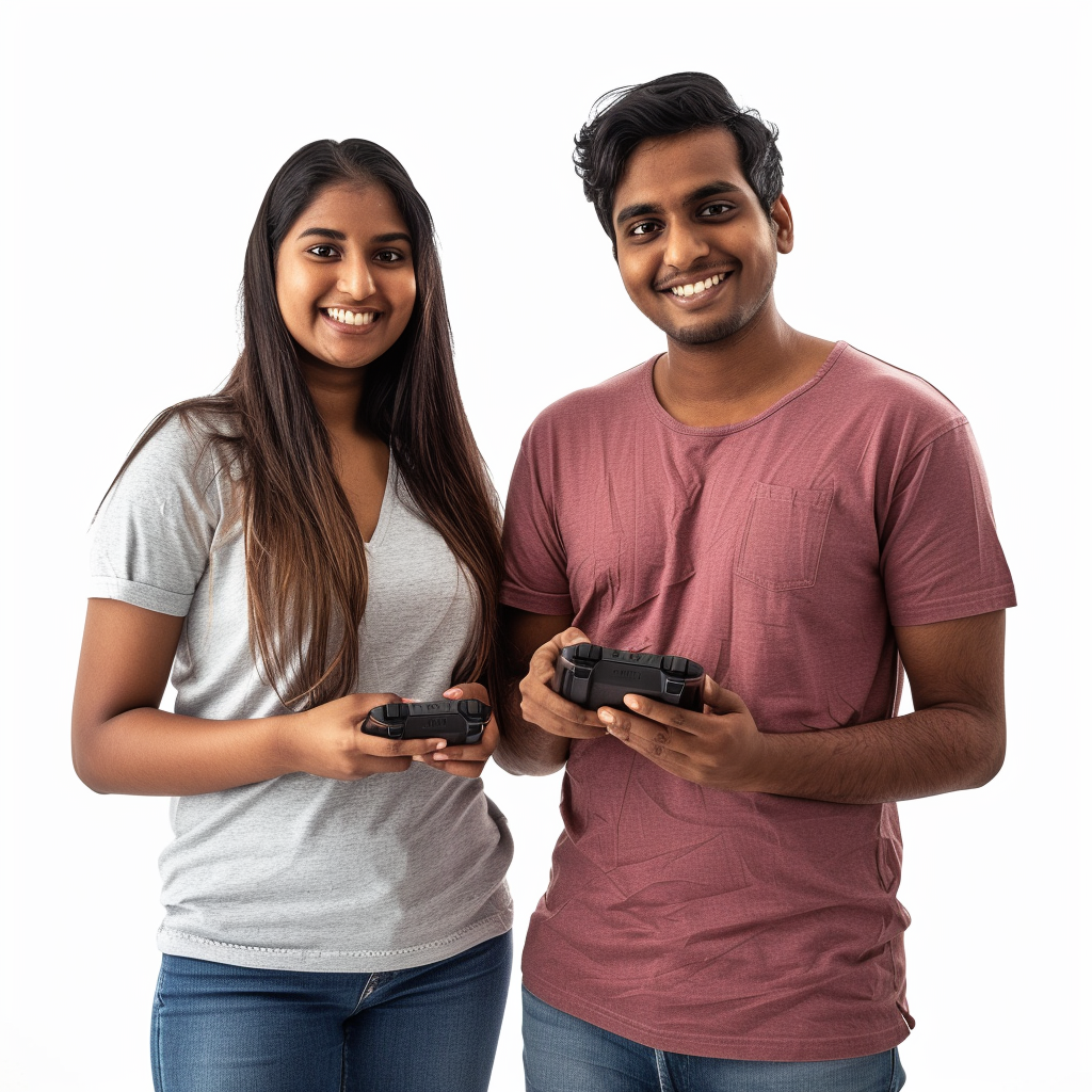 gaming couple standing smiling together