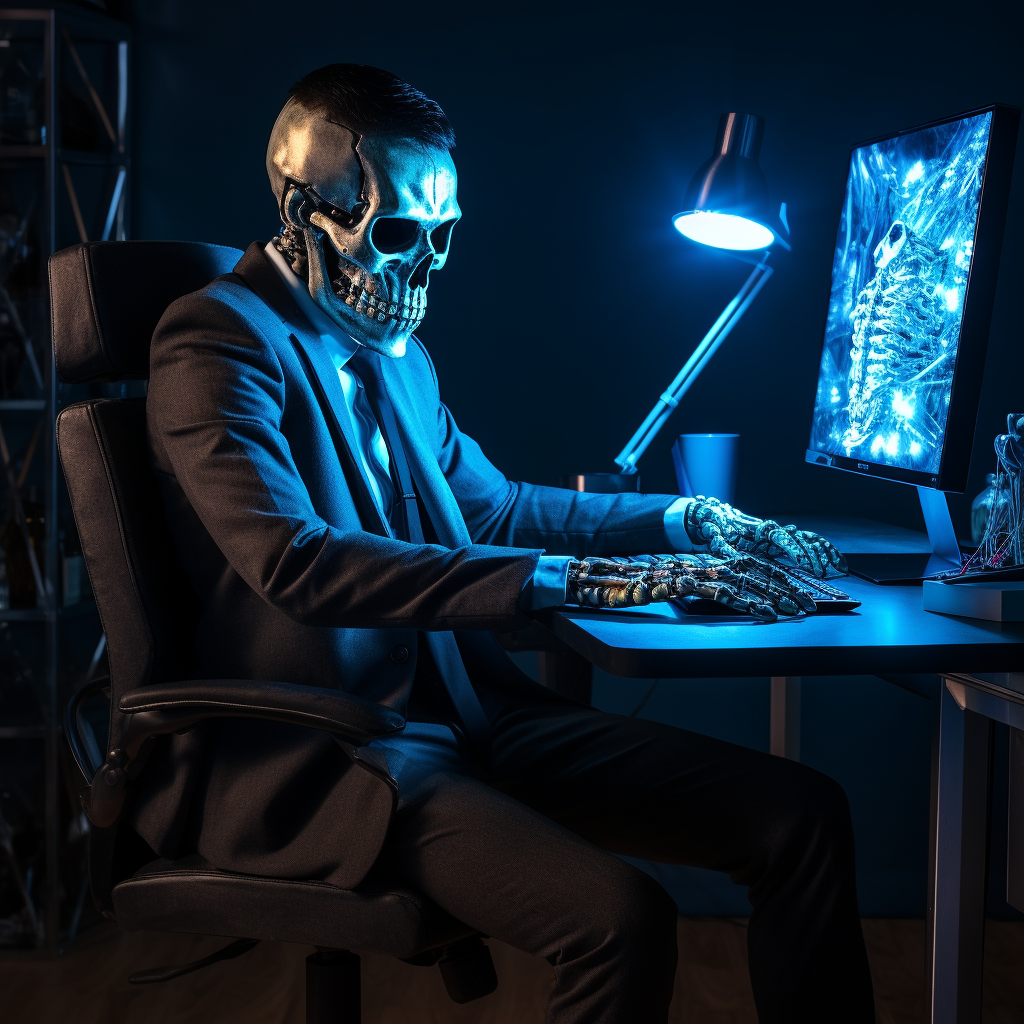 Man sitting at gaming desk with LED skeleton mask