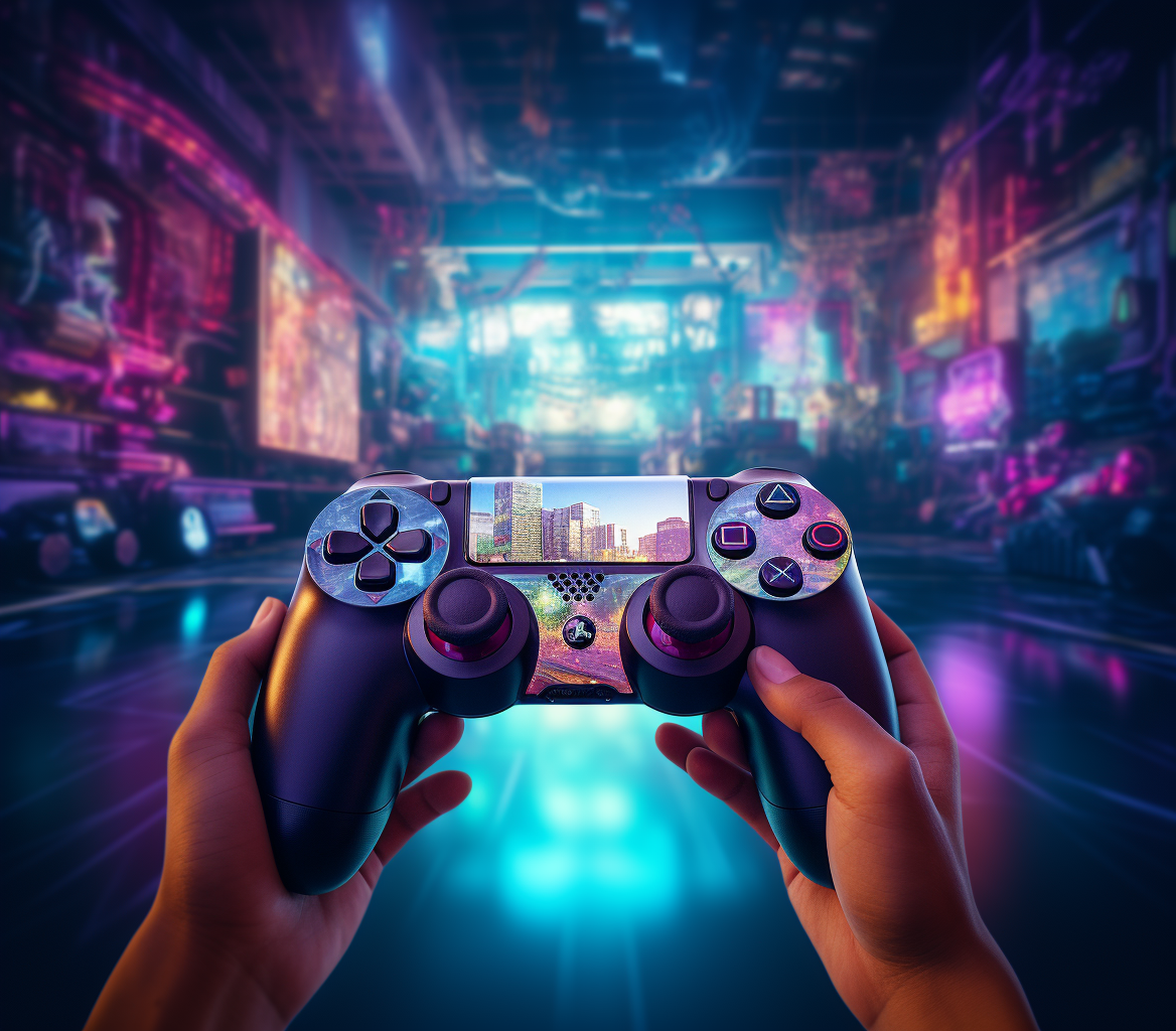 First-person gaming perspective with colorful lighting